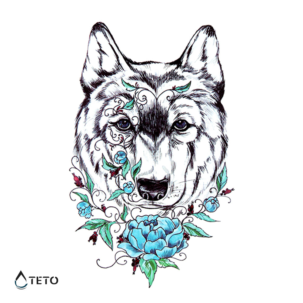Lupo con un fiore blu