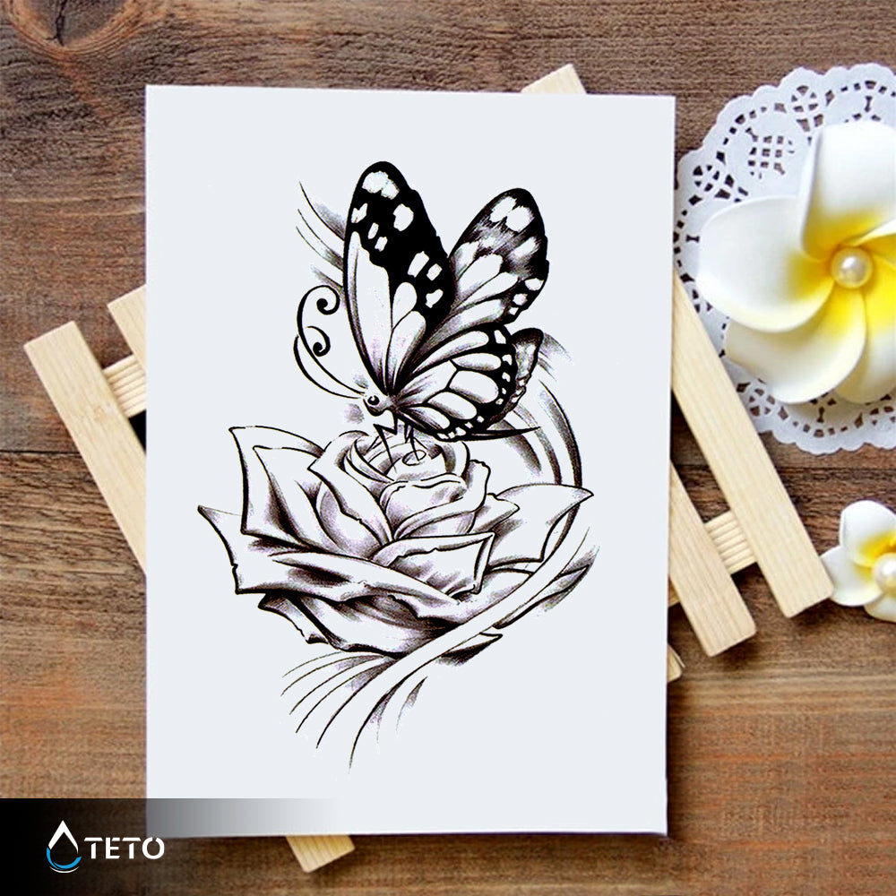 Farfalla su una rosa - TETO Tatuaggi Temporanei