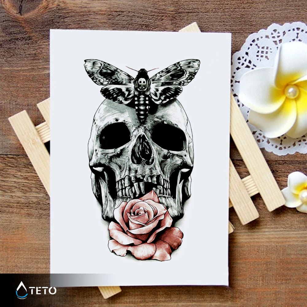 Teschio con rosa e farfalla - TETO Tatuaggi Temporanei