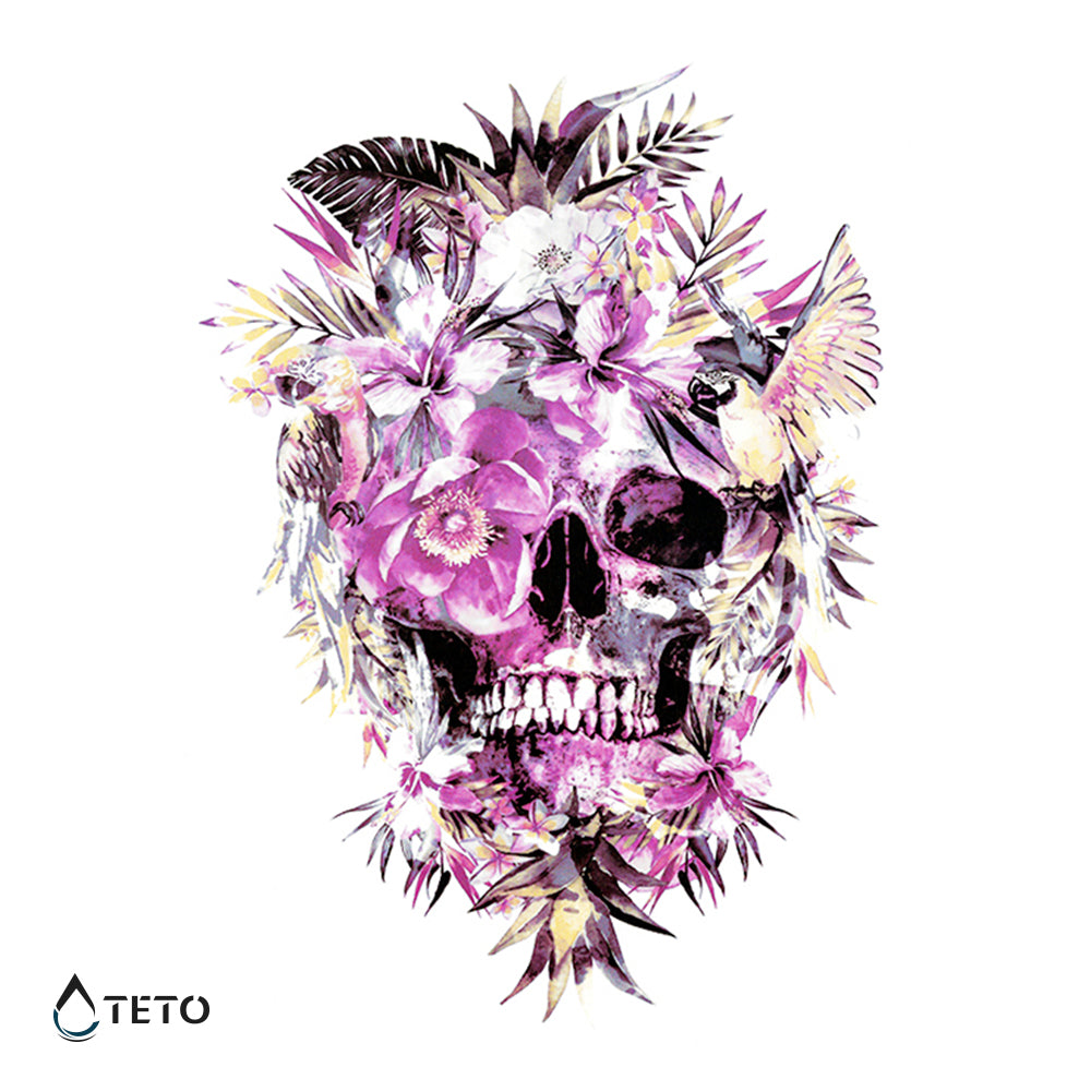 Teschio con fiori rosa - TETO Tatuaggi Temporanei