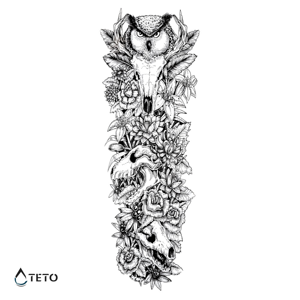 Gufo con teschi e fiori - TETO Tatuaggi Temporanei