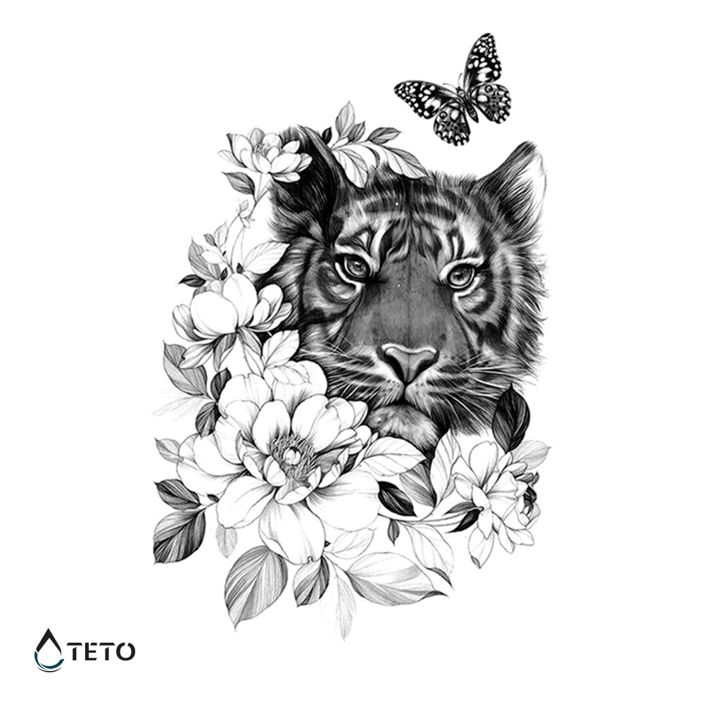Tigre con fiori grigi - TETO Tatuaggi Temporanei