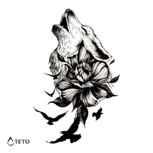Lupo con fiori e uccelli