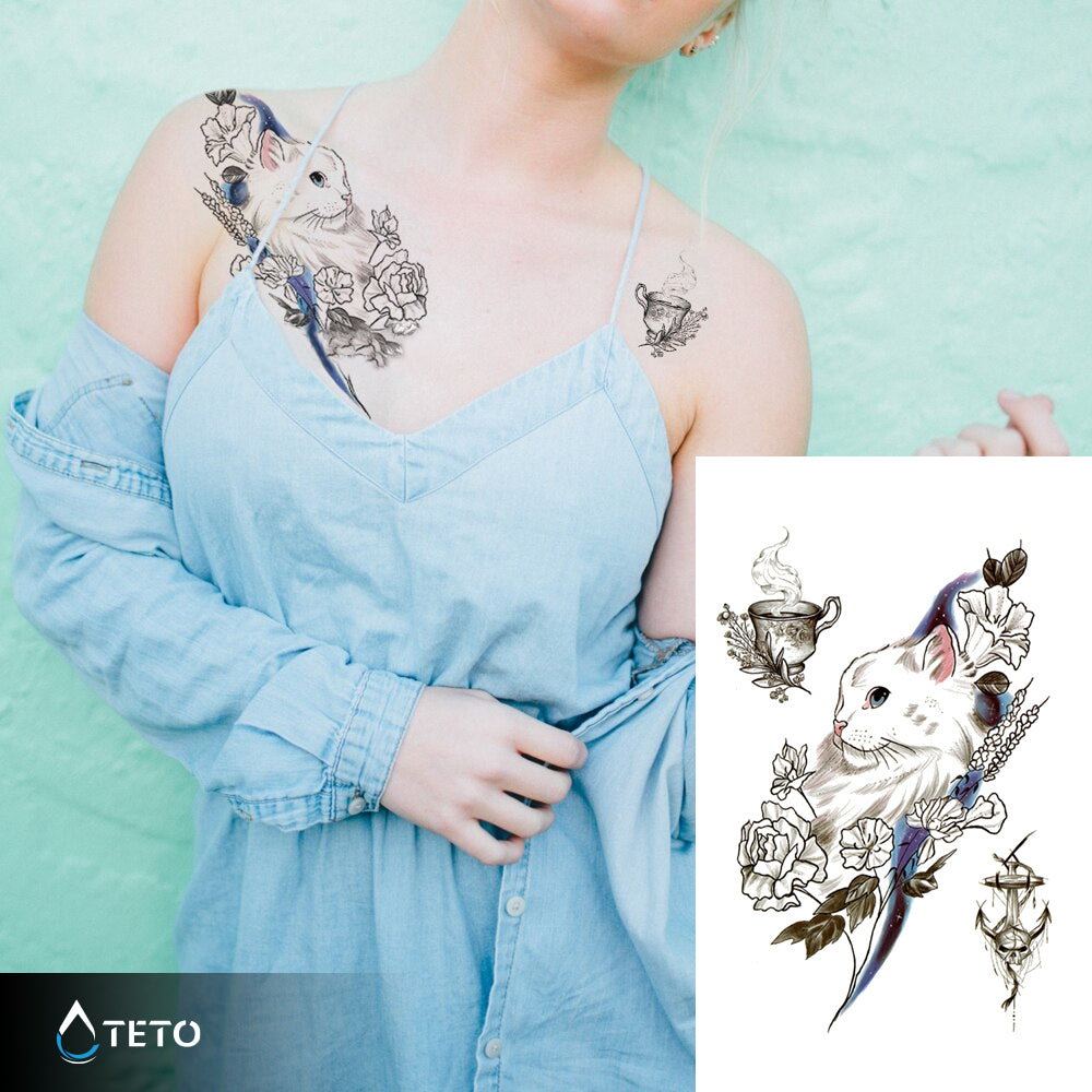 Gatto e tè – set - TETO Tatuaggi Temporanei