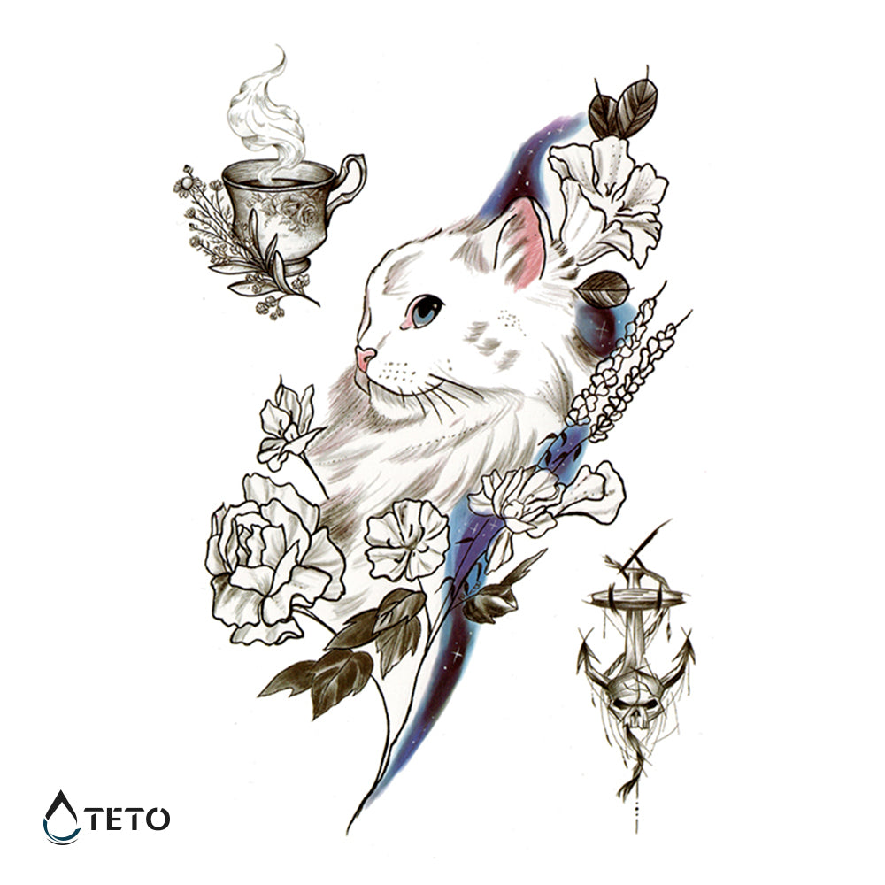 Gatto e tè – set - TETO Tatuaggi Temporanei