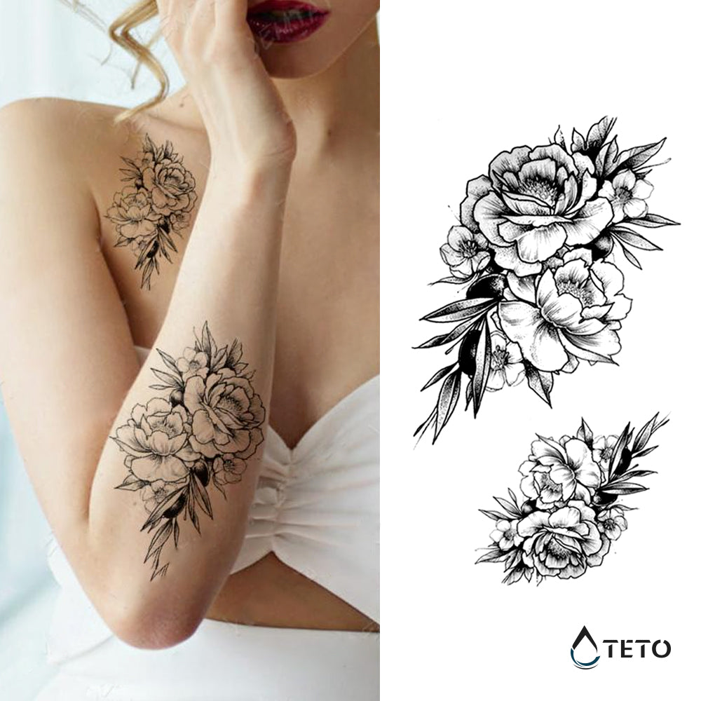 Rose con foglie grigie – set - TETO Tatuaggi Temporanei