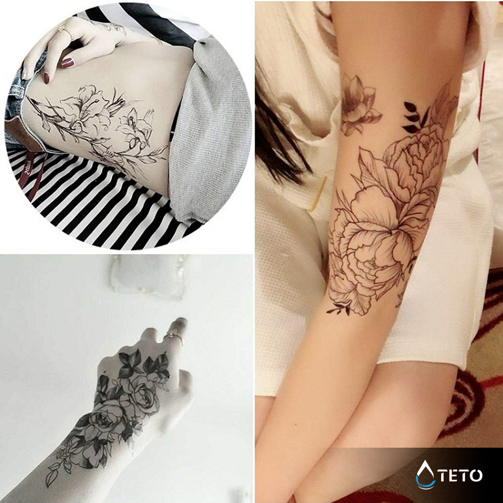 Rose con foglie grigie – set - TETO Tatuaggi Temporanei