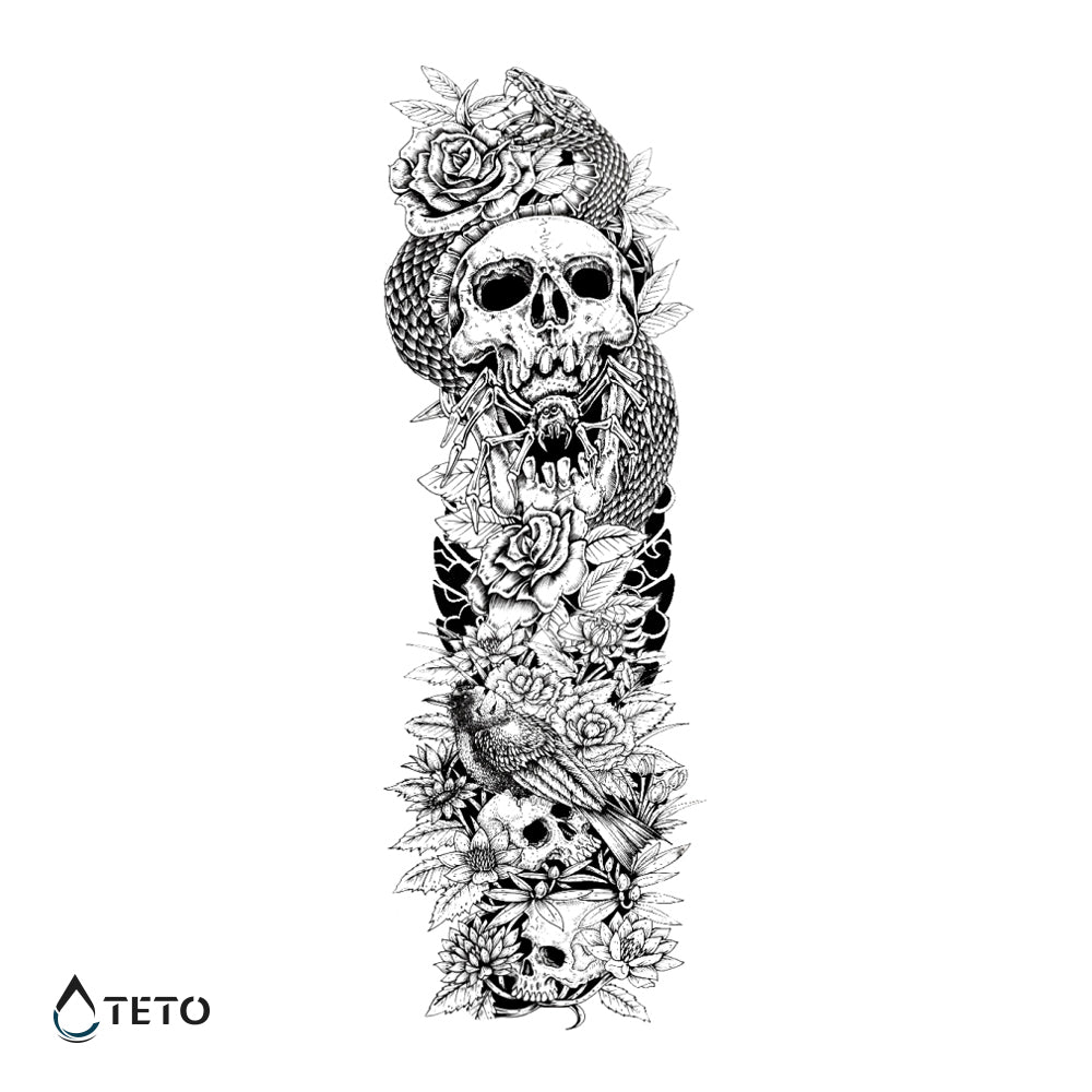 Teschio con serpenti e fiori - TETO Tatuaggi Temporanei