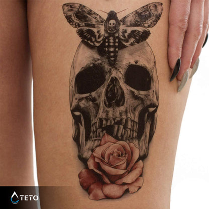 Teschio con rosa e farfalla - TETO Tatuaggi Temporanei