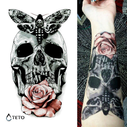 Teschio con rosa e farfalla - TETO Tatuaggi Temporanei