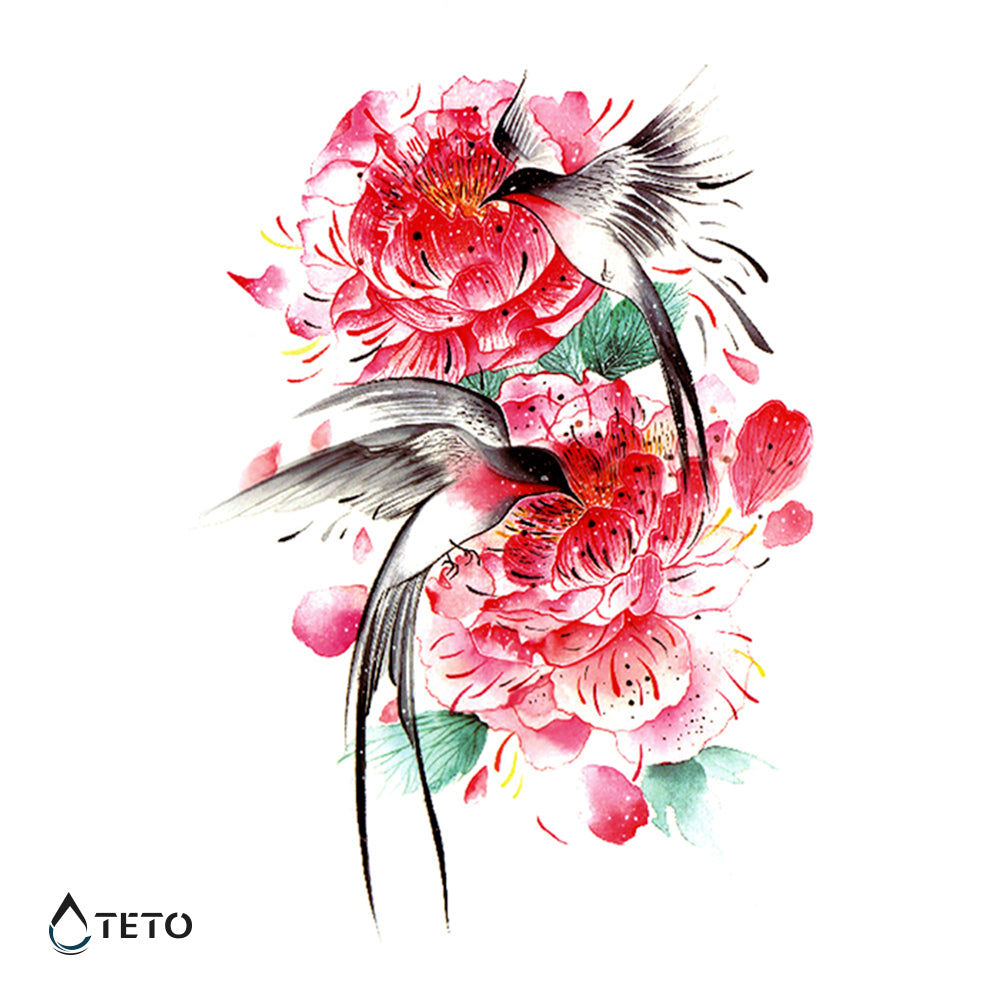 Colibrì con fiori - TETO Tatuaggi Temporanei