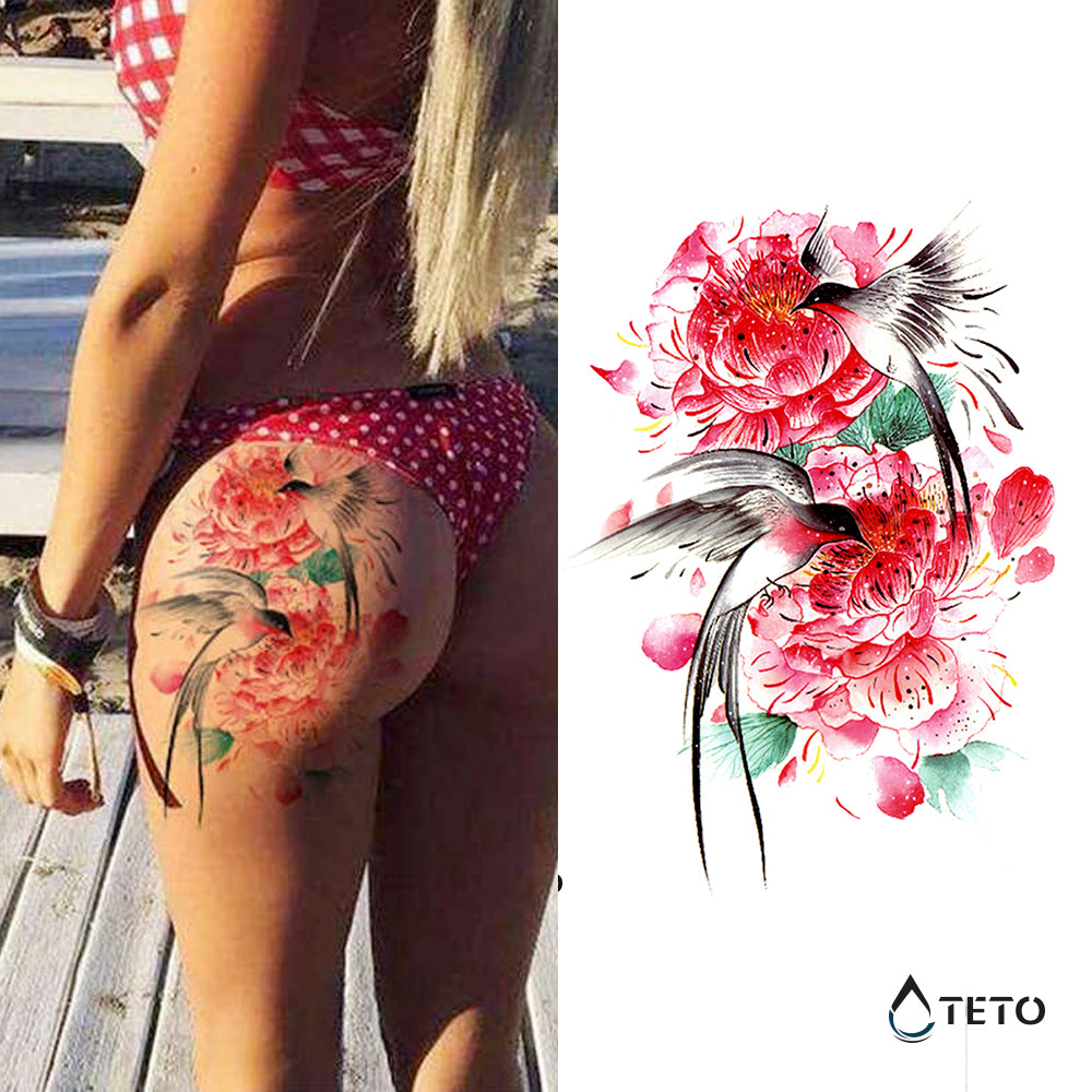Colibrì con fiori - TETO Tatuaggi Temporanei