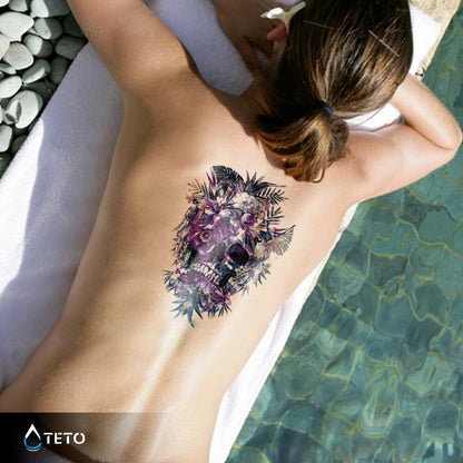 Teschio con fiori rosa - TETO Tatuaggi Temporanei