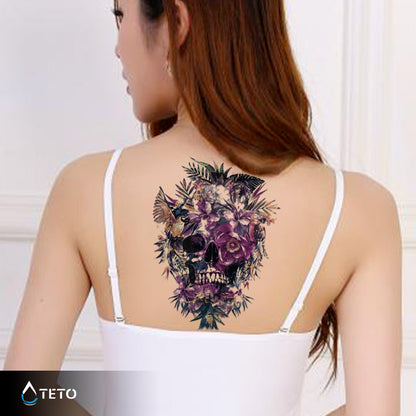 Teschio con fiori rosa - TETO Tatuaggi Temporanei