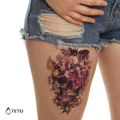Teschio con fiori rosa - TETO Tatuaggi Temporanei