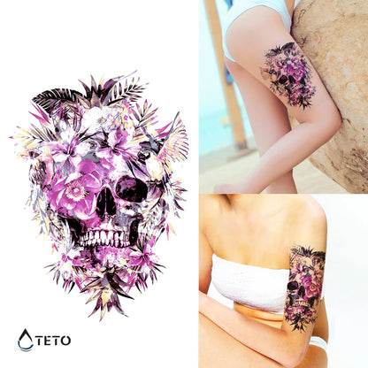 Teschio con fiori rosa - TETO Tatuaggi Temporanei