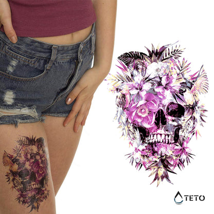Teschio con fiori rosa - TETO Tatuaggi Temporanei