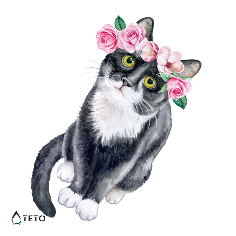 Gatto con fiori - TETO Tatuaggi Temporanei