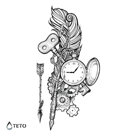 Orologio, piuma e chiave