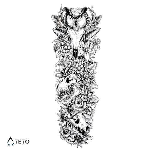 Gufo con teschi e fiori - TETO Tatuaggi Temporanei