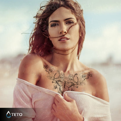 Farfalla con uccelli e fiori - TETO Tatuaggi Temporanei
