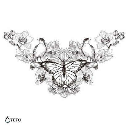 Farfalla con uccelli e fiori - TETO Tatuaggi Temporanei