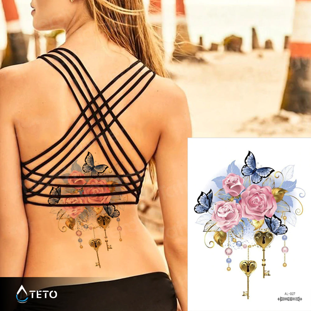 Rose con farfalle e chiavi - TETO Tatuaggi Temporanei