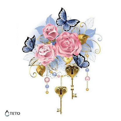 Rose con farfalle e chiavi - TETO Tatuaggi Temporanei