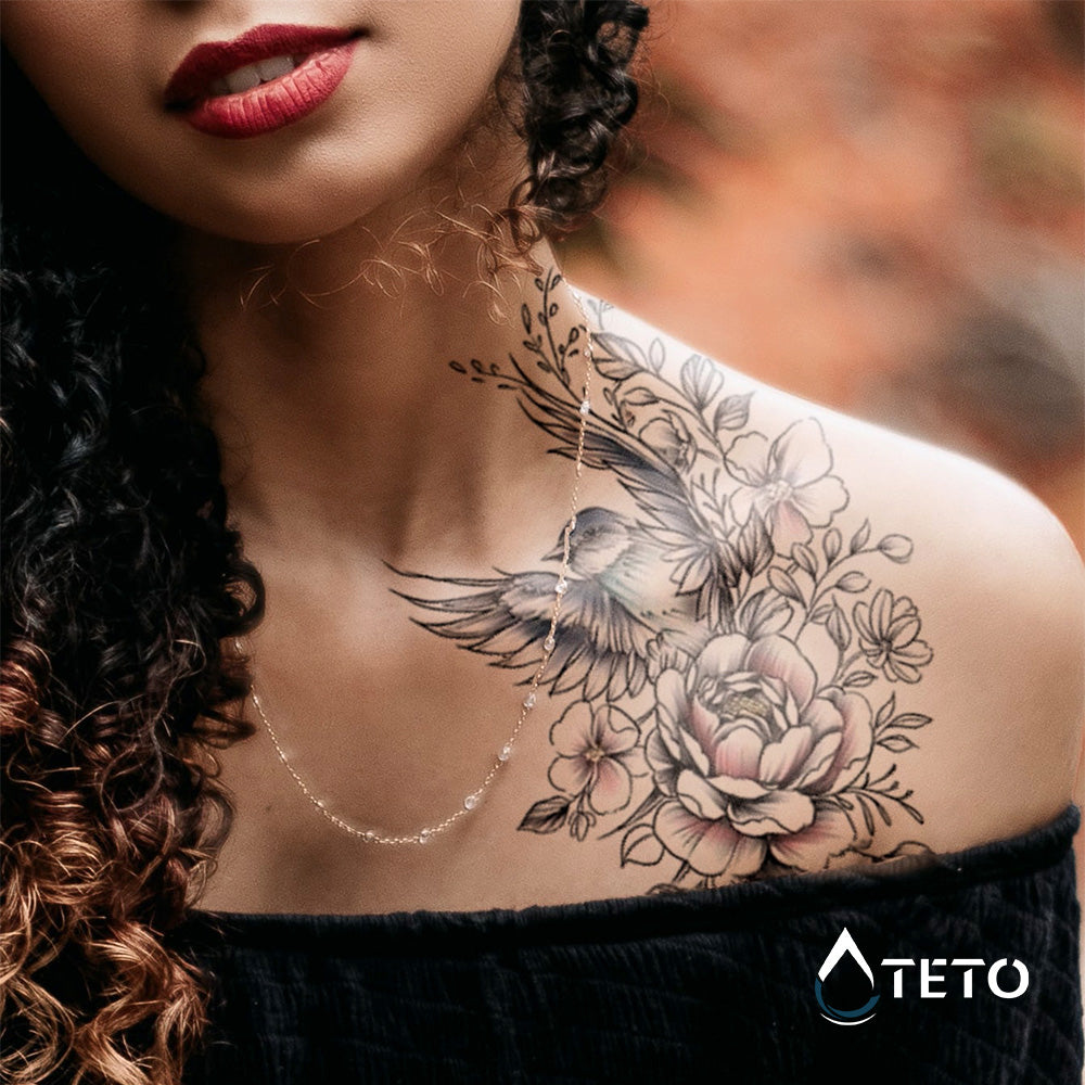 Rosa romantica con uccello - TETO Tatuaggi Temporanei