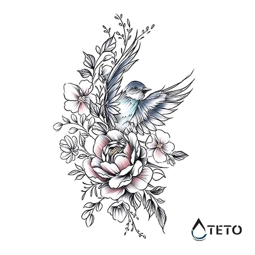 Rosa romantica con uccello - TETO Tatuaggi Temporanei