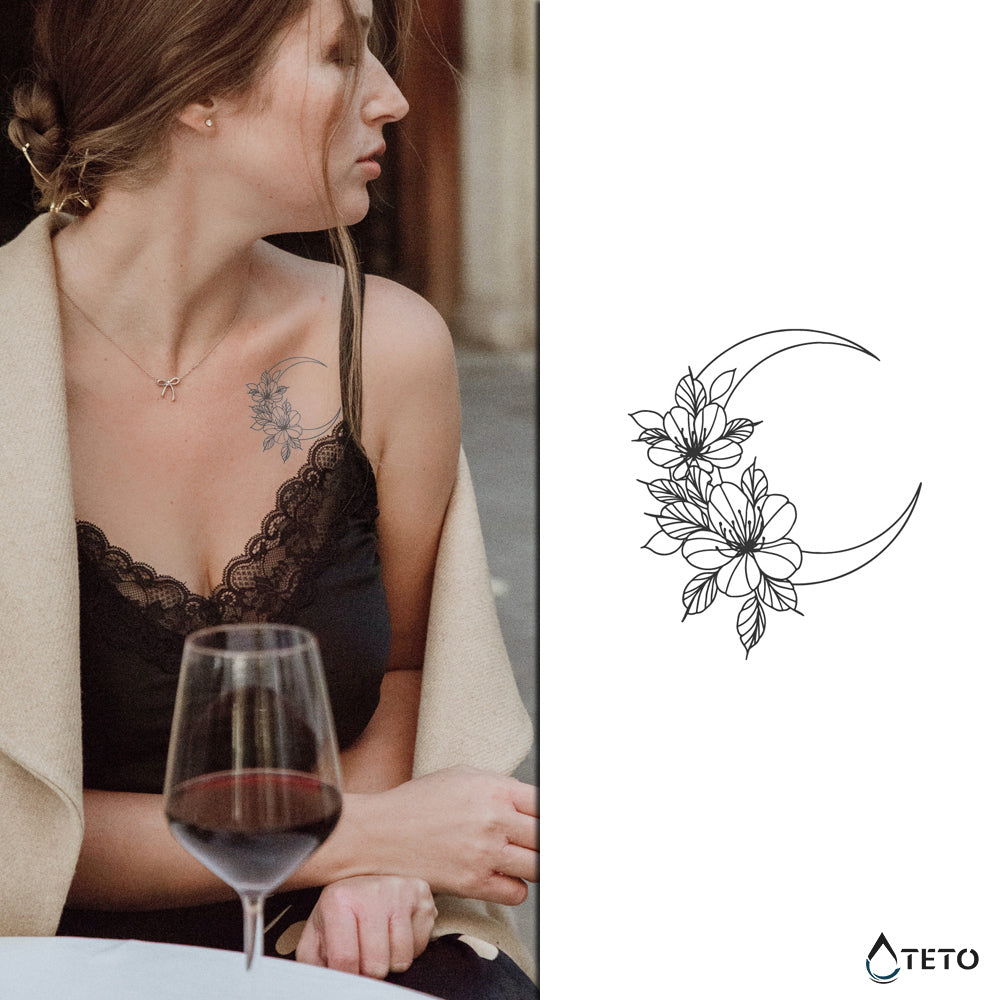 Luna con fiori – Semipermanente - TETO Tatuaggi Temporanei