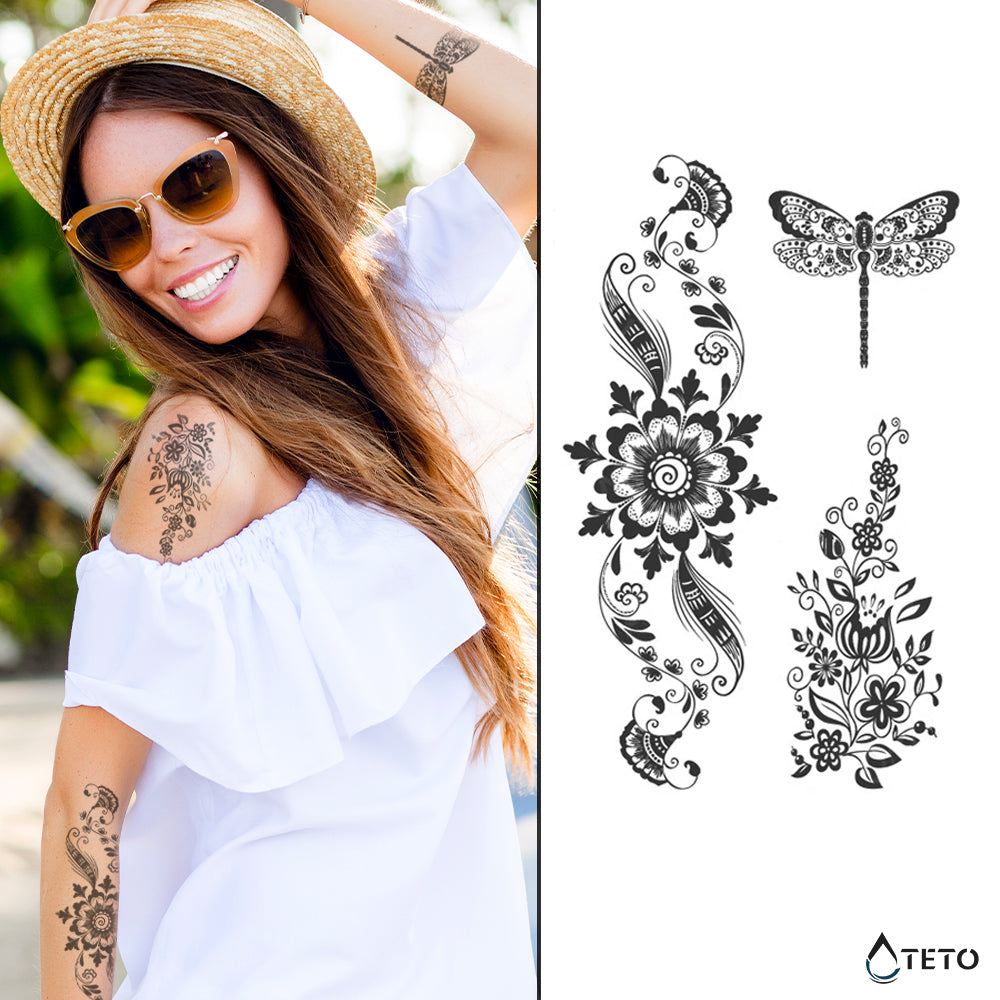 Decorazioni di fiori e libellula – Semipermanente - TETO Tatuaggi Temporanei