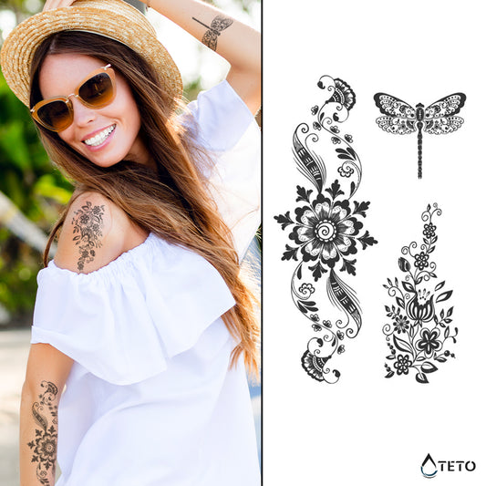 Decorazioni di fiori e libellula – Semipermanente - TETO Tatuaggi Temporanei