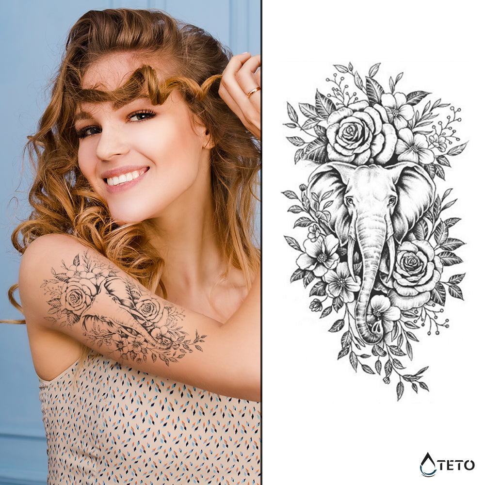 Elefante tra i fiori – Semipermanente - TETO Tatuaggi Temporanei