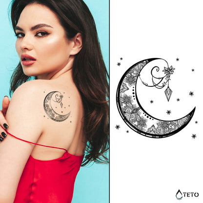 Luna con fiori e diamante – Semipermanente - TETO Tatuaggi Temporanei